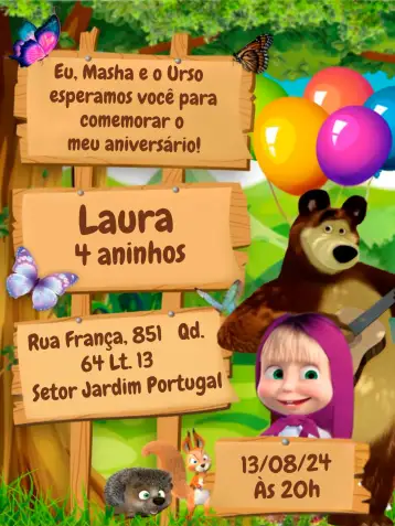 Convite Masha E O Urso Colorido para aniversário infantil e festas temáticas. – tema mais pesquisados (colorido, infantil, divertido, temático, alegre, fantástico)