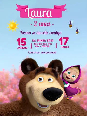 Invitación Masha y el Oso Azul editable y personalizable