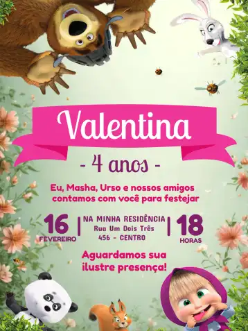 Invitación Masha Y El Oso Colorido editable y personalizable