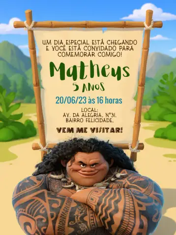 Convite Maui Moana Concha para aniversário com tema moana e luau. – tema mais pesquisados (tropical, praia, mar, vibrante, divertido, lúdico)