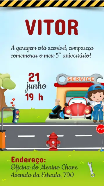 Convite Mecânico Chave para aniversário infantil com tema mecânico. – tema mais pesquisados (mecânico, colorido, divertido, temático, infantil)