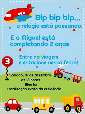 Convite Meios De Transporte Avião para aniversário infantil com tema de meios de transporte. – tema mais pesquisados (colorido, divertido, infantil, aeroespacial, ilustrações de veículos)