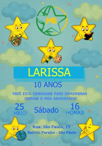 Convite Reinas Mensajeras Del Rey Amarillo para cumpleaños infantil – tema cumpleaños infantil (azul claro, amarillo real, nubes, estrellas, cristiano, lindo)