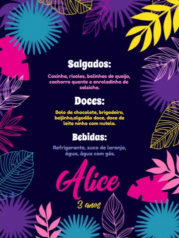 Convite Menu Tropical Farofa para chá de panela – tema chá de panela (tropical, floral, neon, colorido, festivo, descontraído)