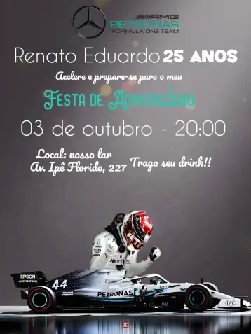 Convite Mercedes Fórmula 1 Lewis para aniversário de fãs de automobilismo e festas temáticas. – tema mais pesquisados (moderno, automobilismo, esportivo, elegante, dinâmico)