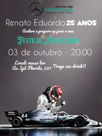 Convite Mercedes Fórmula 1 Lewis editável e personalizável