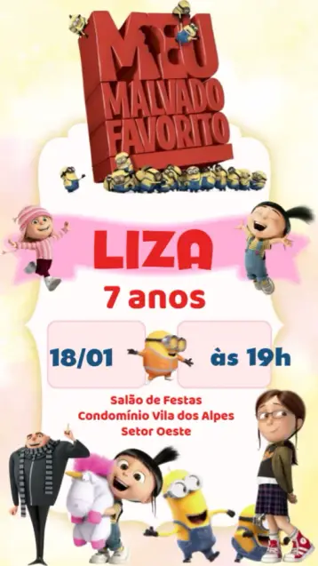 Convite Meu Malvado Favorito para aniversário infantil. – tema cartão (divertido, colorido, temático, infantil, animado, vibrante)