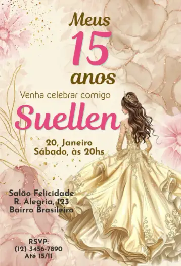 Convite Meus 15 anos Gold Rose para festa de 15 anos e debutante. – tema 15 anos (rosa, dourado, elegante, moderno, sofisticado, glamuroso)