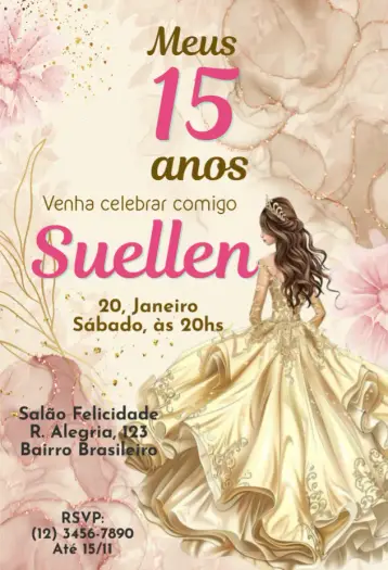 Convite Meus 15 anos Gold Rose para festa de 15 anos e debutante. – tema 15 anos (rosa, dourado, elegante, moderno, sofisticado, glamuroso)