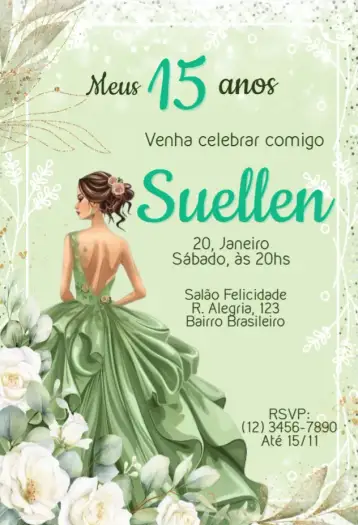 Convite Meus 15 anos Menta para festa de 15 anos e debutante. – tema 15 anos (floral, menta, moderno, delicado, jovial)