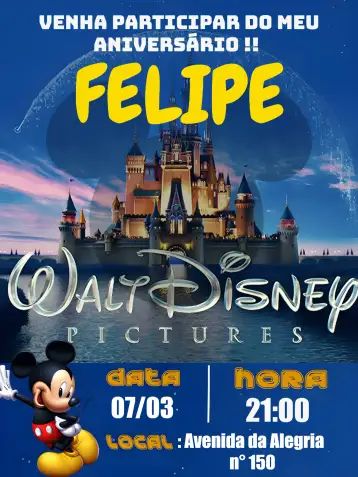 Convite Mickey Mouse para cumpleaños infantil con temática de mickey mouse. – tema cumpleaños infantil (colorido, divertido, temático, infantil, Disney)