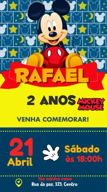 Convite Mickey Mouse para aniversário infantil com tema mickey mouse. – tema cartão (colorido, temático, divertido, infantil, Disney, animado)