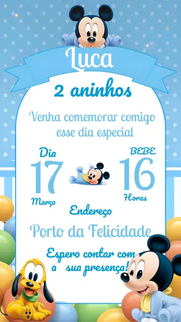 Convite Mickey Mouse Baby Tunes para ideal para festas infantis e chás de bebê. – tema mais pesquisados (temática Disney, infantil, azul, divertido, colorido, brincalhão)