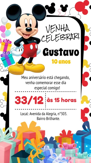 Convite Mickey Mouse Colorido editável e personalizável