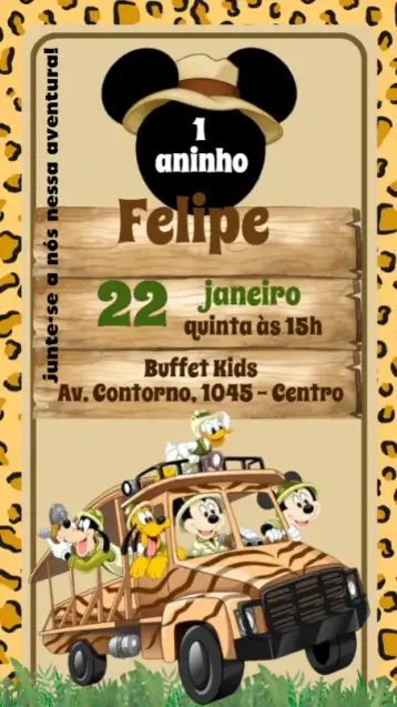 Convite Mickey Safari para aniversário infantil com tema do mickey mouse. – tema aniversário infantil (temática safari, cores vibrantes, elementos gráficos do Mickey, estilo lúdico, natureza, aventura)