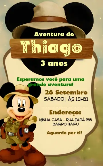 Convite Mickey Safari Marrom para aniversário infantil. – tema mais pesquisados (safari, infantil, colorido, divertido, animal)