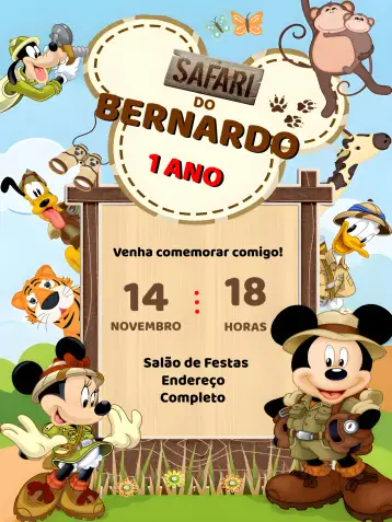 Convite Mickey Safari Marrom para aniversário infantil. – tema mais pesquisados (safari, infantil, divertido, colorido, moderno, natureza)