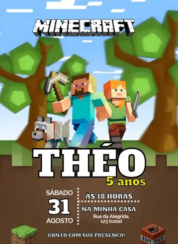 Convite Minecraft para aniversário infantil com temática minecraft. – tema aniversário infantil (colorido, gamer, moderno, temático, divertido)