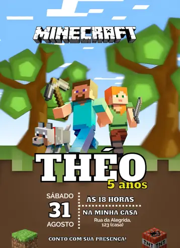 Convite Minecraft para kids birthday party with minecraft theme. – tema kids' birthday party (colorful, gamer, modern, themed, funny)