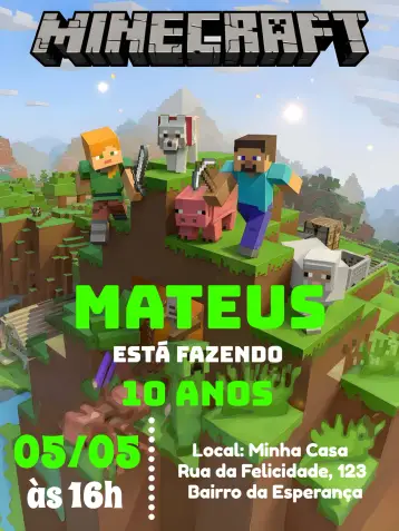 Convite Minecraft Construção editável e personalizável