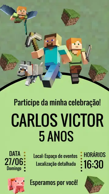 Convite Minecraft Gamer para children's birthday with minecraft theme. – tema most searched for (Minecraft graphics, vibrant colors, pixelated style, block elements, adventure theme, gamer aesthetic)