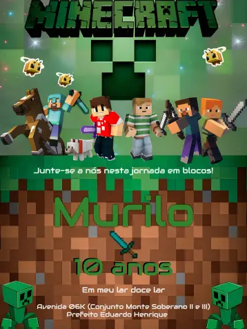 Convite Minecraft para aniversário infantil com tema minecraft. – tema aniversário (verde, pixelado, aventura, jogos, divertido, colorido)
