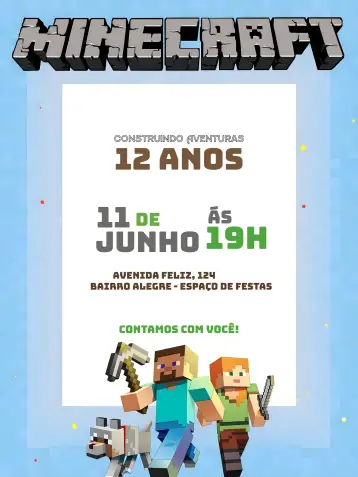 Convite Minecraft Infantil para aniversário infantil com tema minecraft. – tema cumpleaños infantil (Invitación de Minecraft, temática verde, decoración marrón, esquema de colores blanco, actividades de juegos, fiesta infantil)