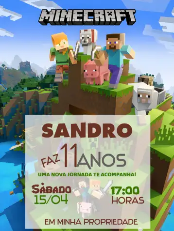 Convite Brown Minecraft para children's birthday or minecraft-themed party. – tema most searched for (Minecraft, graphic elements, earthy tones, playful style, adventure, game theme)