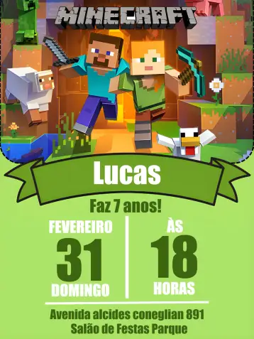Convite White Minecraft para children’s birthday party with minecraft theme. – tema birthday (Minecraft, modern, colorful, fantasy, games, kids)