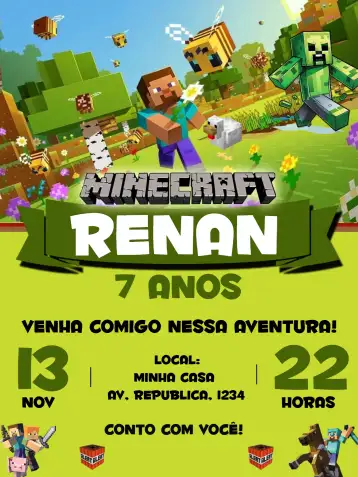 Convite Minecraft Preto editável e personalizável