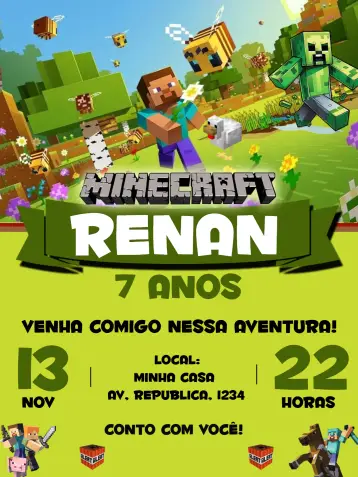Convite Minecraft Preto para aniversário infantil com tema minecraft. – tema mais pesquisados (Minecraft, preto, moderno, divertido, temático, block style)