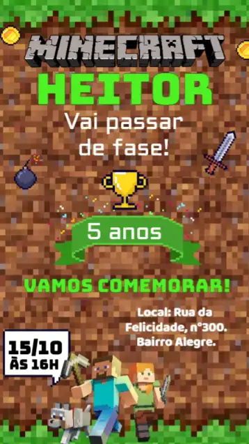 Convite Minecraft Verde para aniversário infantil com tema minecraft. – tema mais pesquisados (verde, pixelado, jogo, divertido, temático, infantil)