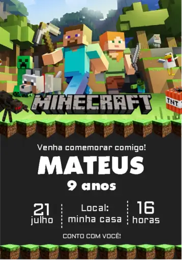 Convite Minecraft Verde para aniversário infantil com tema minecraft. – tema más buscados (jugador, temática de Minecraft, colores vibrantes, visual divertido, elementos gráficos, estilo digital)
