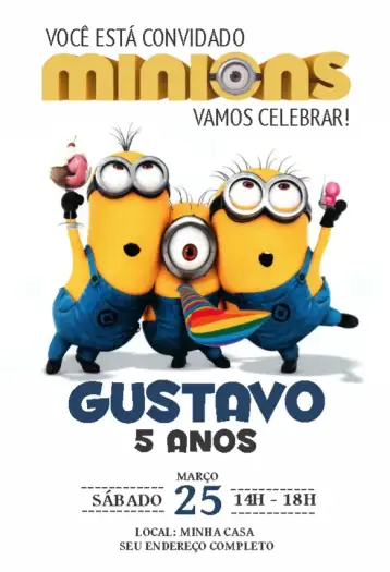 Convite Minions 1 para aniversário infantil com tema minions. – tema aniversário (colorido, divertido, temático, infantil, ilustrações de personagens)
