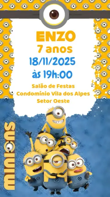 Convite Minions para cumpleaños infantil – tema cumpleaños infantil (colorido, divertido, temático, ilustraciones de personajes, infantil)