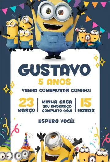 Convite Minions 2 para aniversário infantil com tema minions. – tema aniversário (colorido, divertido, temático, animação, infantil)