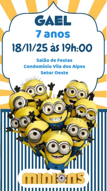 Convite Minions para kids birthday – tema kids' birthday party (colorful, fun, themed, lively, playful, childish)