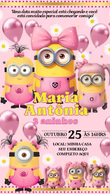 Convite Minions menina 1 para aniversário infantil – tema aniversário infantil (colorido, divertido, temático, infantil, rosa, jovial)