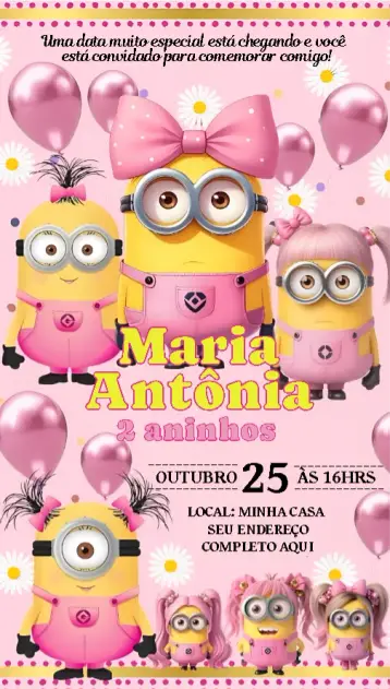 Convite Minions menina 1 editável e personalizável
