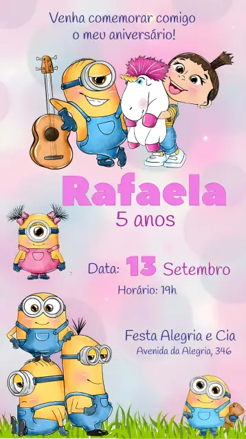 Convite Minions Menina para aniversário infantil – tema mais pesquisados (rosa, divertido, lúdico, moderno, infantil, colorido)