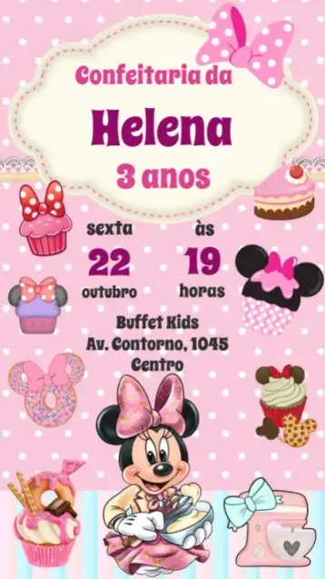 Convite Minnie Confeitaria para aniversário infantil – tema aniversário infantil (cores pastel, estilo lúdico, elementos gráficos de confeitaria, detalhes em rosa, design divertido, tema Minnie Mouse)