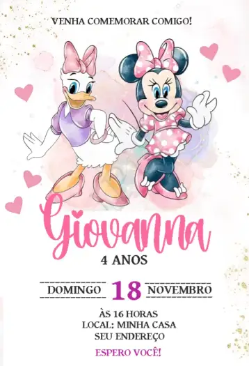 Convite Minnie e Margarda Aquarela para aniversário infantil com tema da minnie e margarida. – tema cartão (aquarela, infantil, cores suaves, temática de personagens, festivo, colorido)