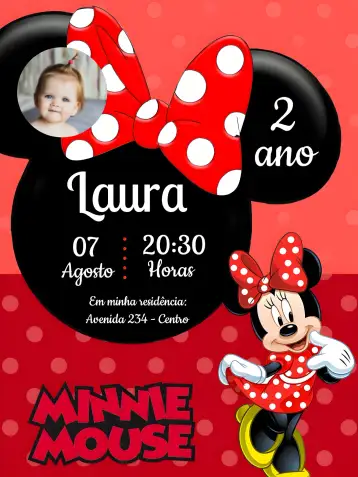 Convite Minnie Mouse Com Foto Ano para aniversário infantil de 1 ano. – tema datas comemorativas (vermelho e preto, poá, infantil, Disney, divertido, temático)