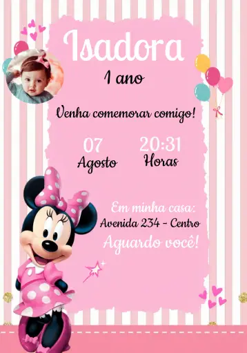 Convite Minnie Mouse Com Foto Disney editável e personalizável
