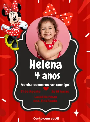 Convite Minnie Mouse With Photo Bow para children's birthday with minnie mouse theme. – tema most searched for (red, fun, colorful, themed, childish)