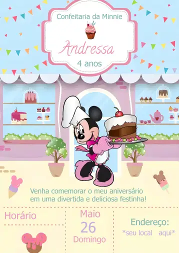 Convite Minnie Mouse Confeitaria Verde para aniversário infantil com tema da minnie mouse. – tema mais pesquisados (cores pastel, temática de confeitaria, elementos gráficos de doces, estilo lúdico, inspirado na Disney)