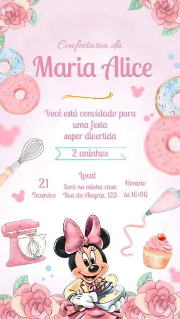 Convite Minnie Mouse Confeiteira Disney para aniversário infantil com tema da minnie mouse. – tema mais pesquisados (delicado, rosa, confeitaria, Disney, infantil, colorido)