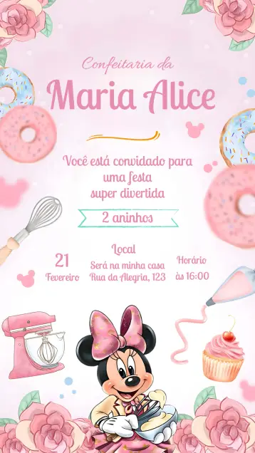 Convite Minnie Mouse Confeiteira Disney editável e personalizável