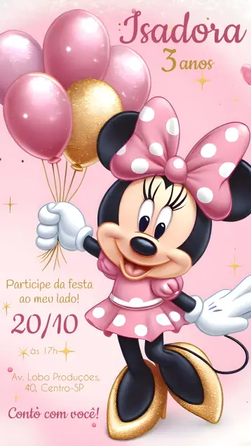 Convite Minnie Mouse Glitter Disney editável e personalizável