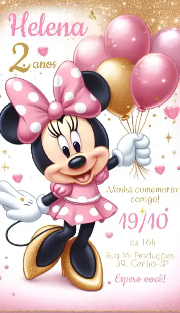 Convite Minnie Mouse Glitter editável e personalizável